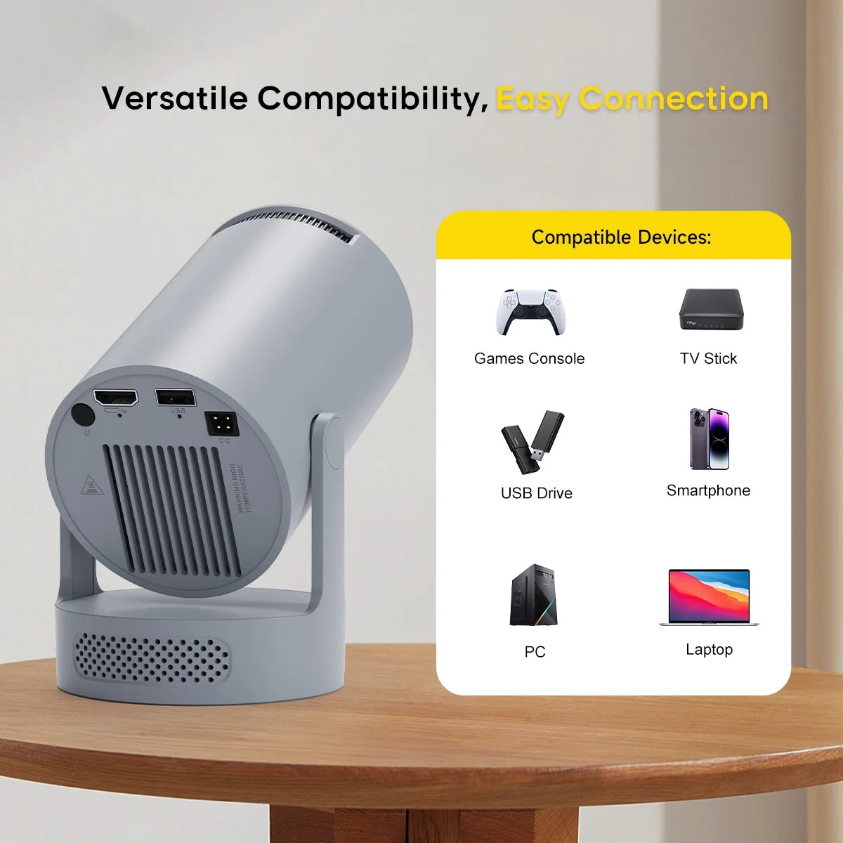 Projector 4K 1080P Support, 290 ANSI Mini Projector Smart with 5W Soundbase Speaker for Movie Projection, HY300 Pro+ Grey